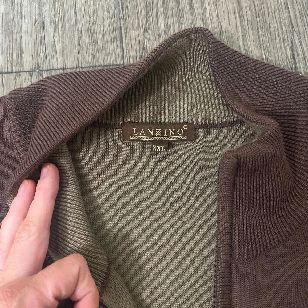 Lanzino XXL Mens Zip‎ Up Cardigan Sweater Brown Wool Blend Long Sleeve